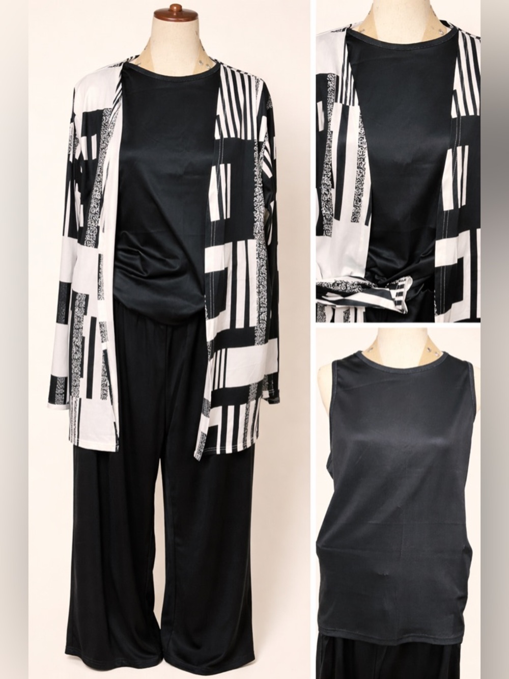 Black Satin Tank Top with Black & White Geometric Cardigan & Black Pants